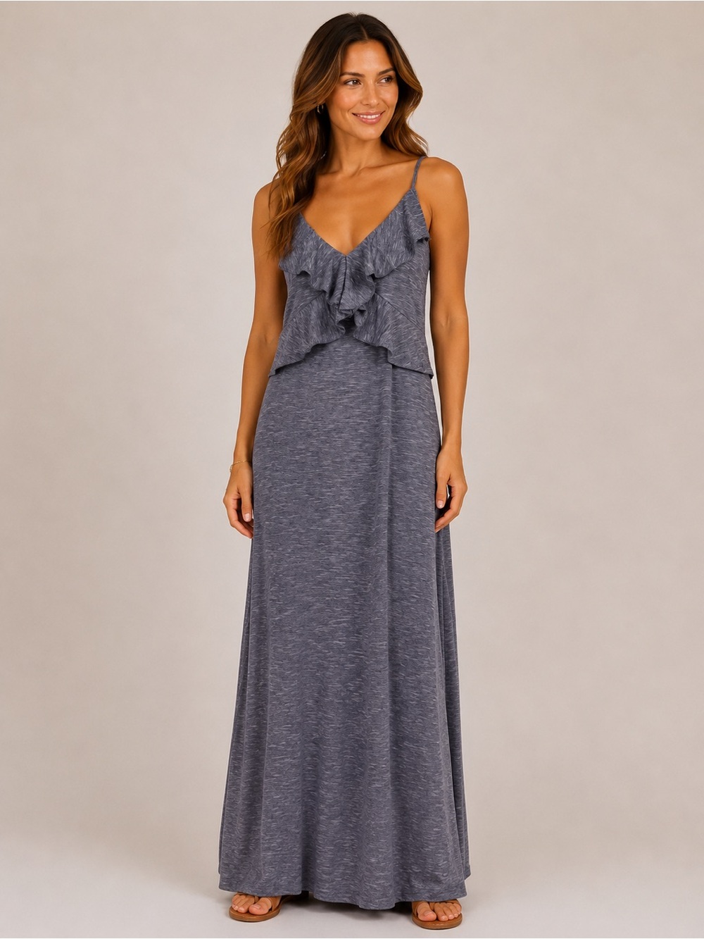 Max Studio Ruffle Front Microstripe Maxi Dress
